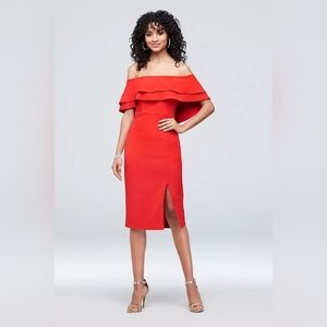 BARDOT | Flounced Crepe Off-the-Shoulder Sheath Dress in Red sz S